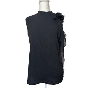 Olivia Blu‎ Black Mock Neck Sleeveless Blouse Tank Embellished Rose Vintage Y2K